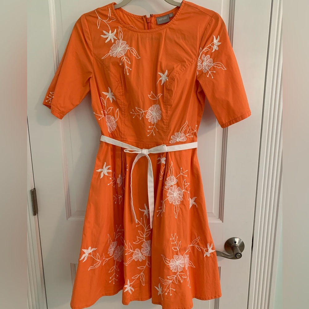 eShakti Orange Dress with White Floral Embroidery
